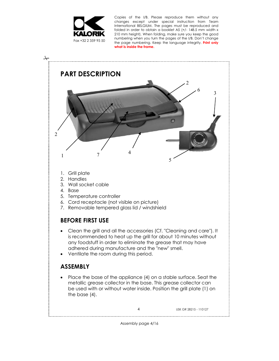 Part description, Before first use, Assembly | Kalorik USK GR 28215 User Manual | Page 4 / 16