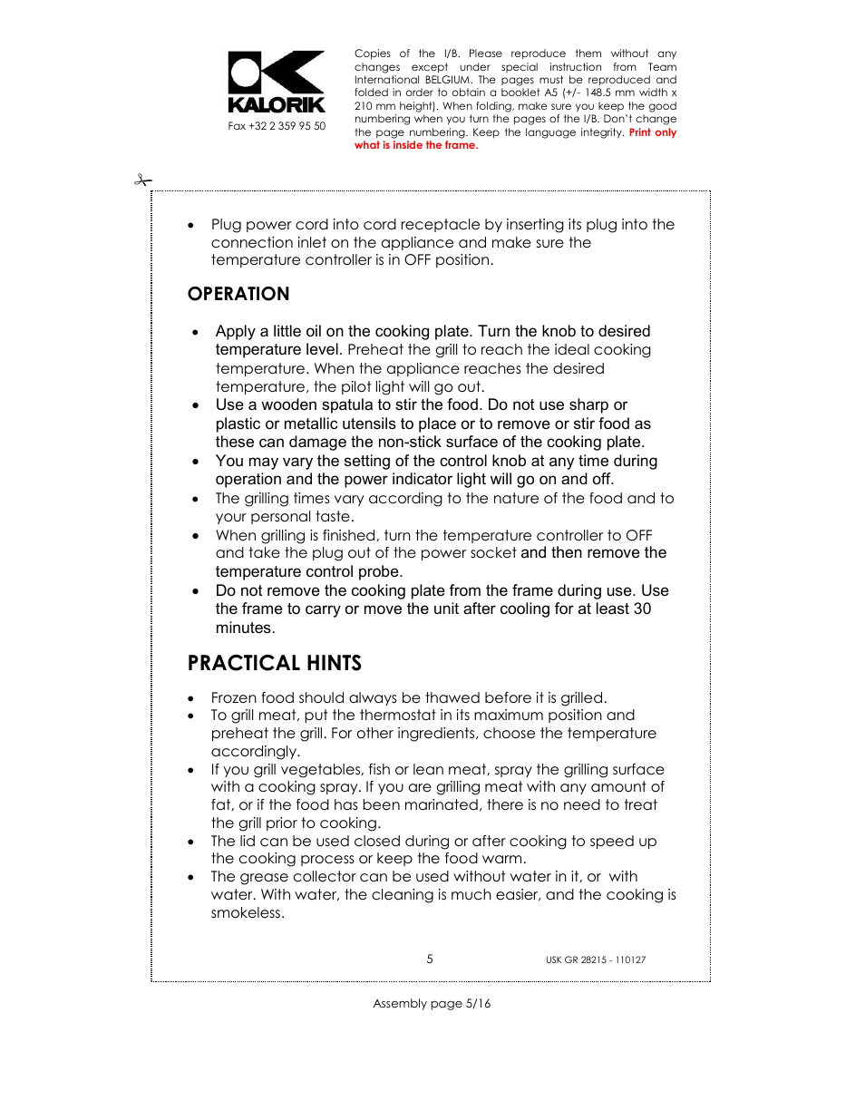 Practical hints, Operation | Kalorik USK GR 28215 User Manual | Page 5 / 16