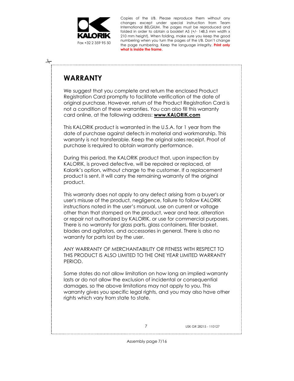 Warranty | Kalorik USK GR 28215 User Manual | Page 7 / 16