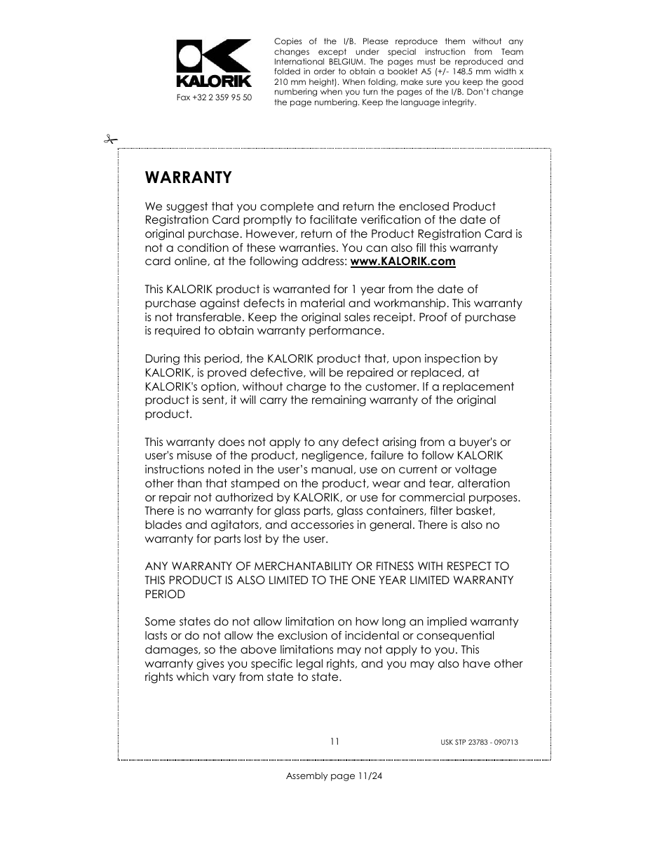 Warranty | Kalorik USK STP 23783 User Manual | Page 11 / 24