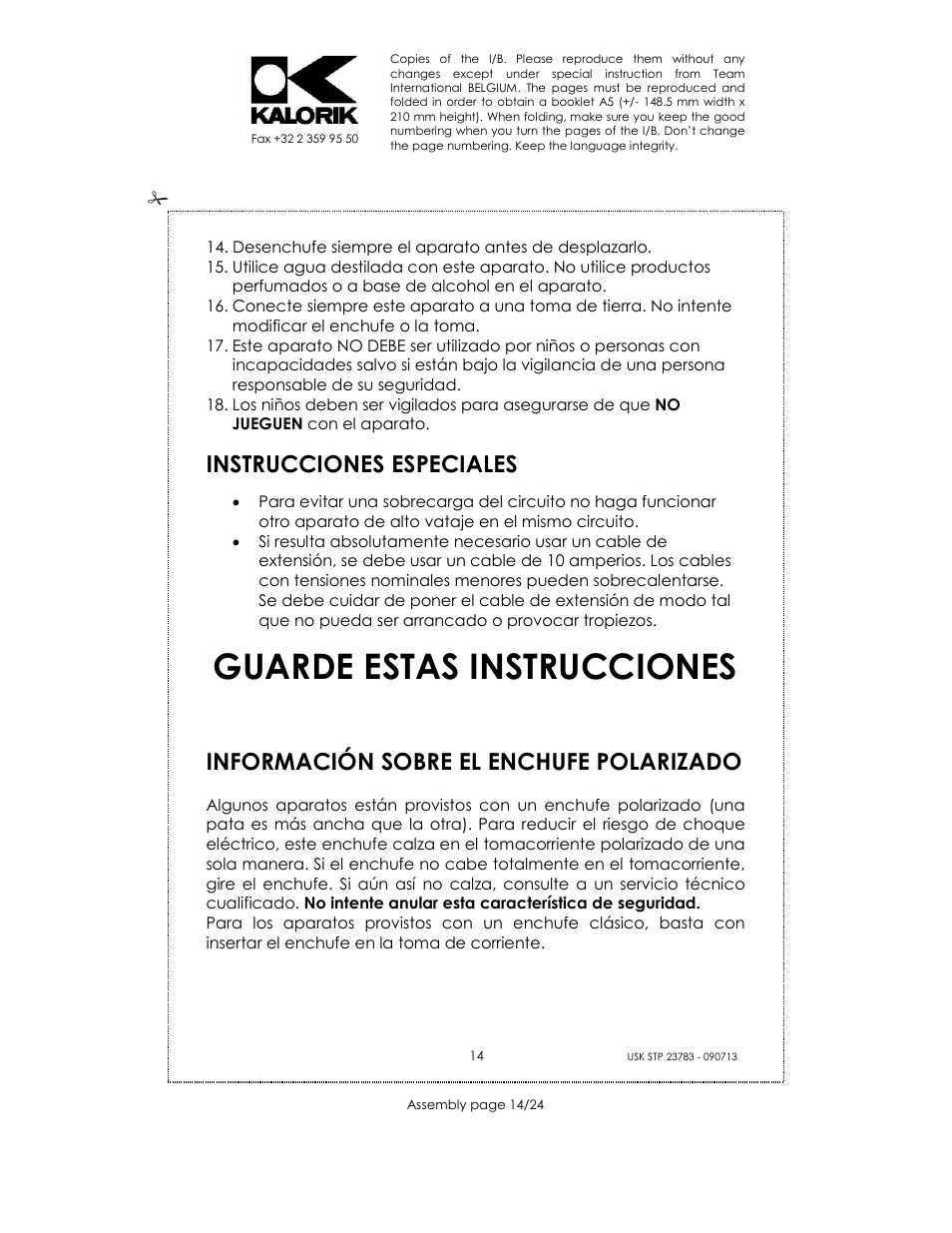 Guarde estas instrucciones, Instrucciones especiales, Información sobre el enchufe polarizado | Kalorik USK STP 23783 User Manual | Page 14 / 24