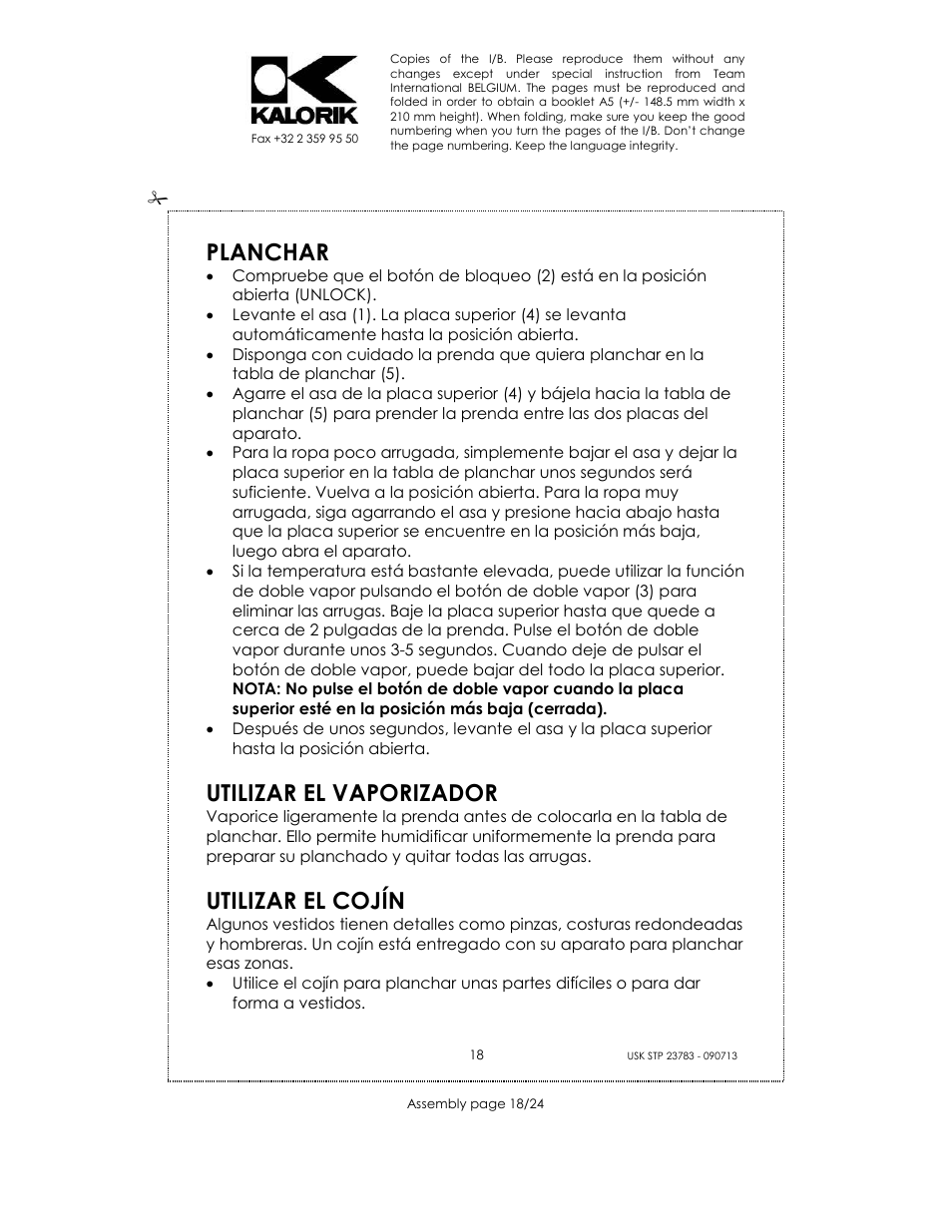 Planchar, Utilizar el vaporizador, Utilizar el cojín | Kalorik USK STP 23783 User Manual | Page 18 / 24