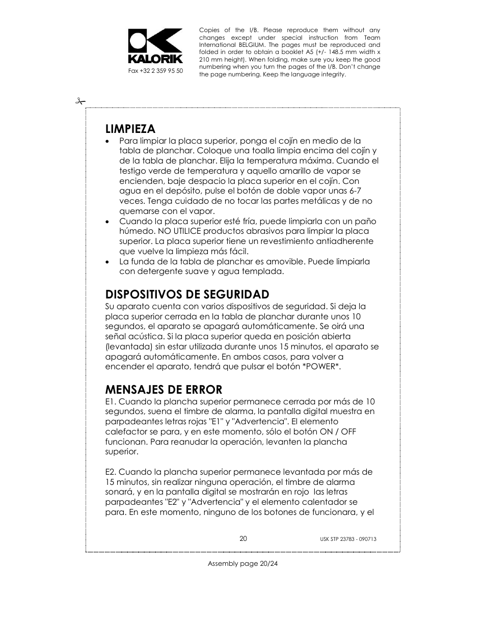 Limpieza, Dispositivos de seguridad, Mensajes de error | Kalorik USK STP 23783 User Manual | Page 20 / 24