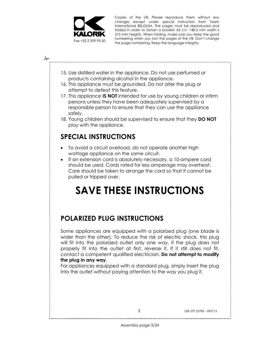 Save these instructions, Special instructions, Polarized plug instructions | Kalorik USK STP 23783 User Manual | Page 3 / 24