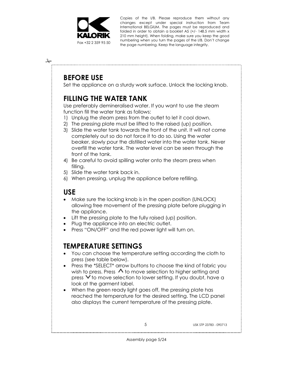 Before use, Filling the water tank, Temperature settings | Kalorik USK STP 23783 User Manual | Page 5 / 24