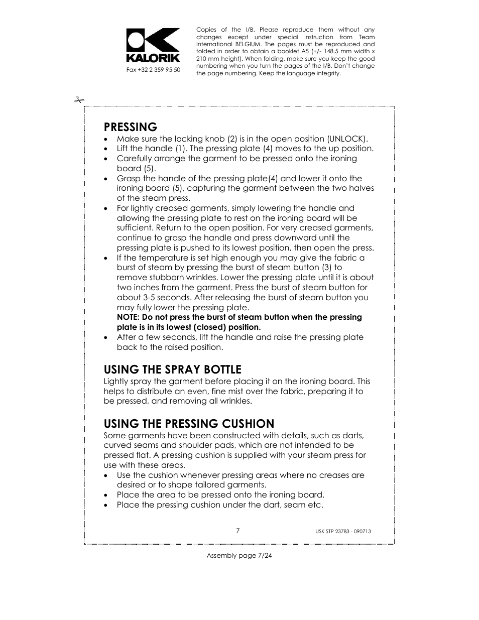 Pressing, Using the spray bottle, Using the pressing cushion | Kalorik USK STP 23783 User Manual | Page 7 / 24