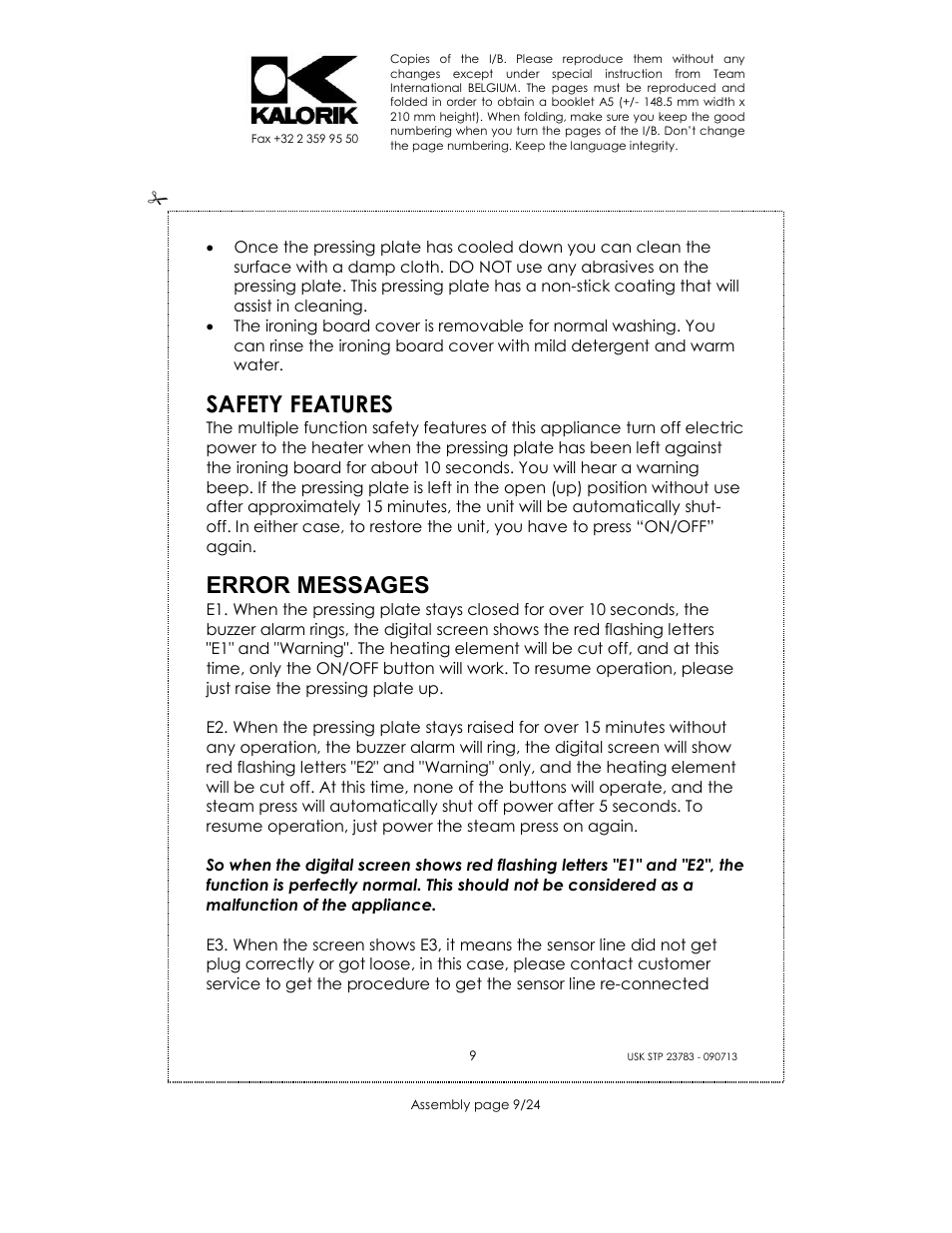 Safety features, Error messages | Kalorik USK STP 23783 User Manual | Page 9 / 24