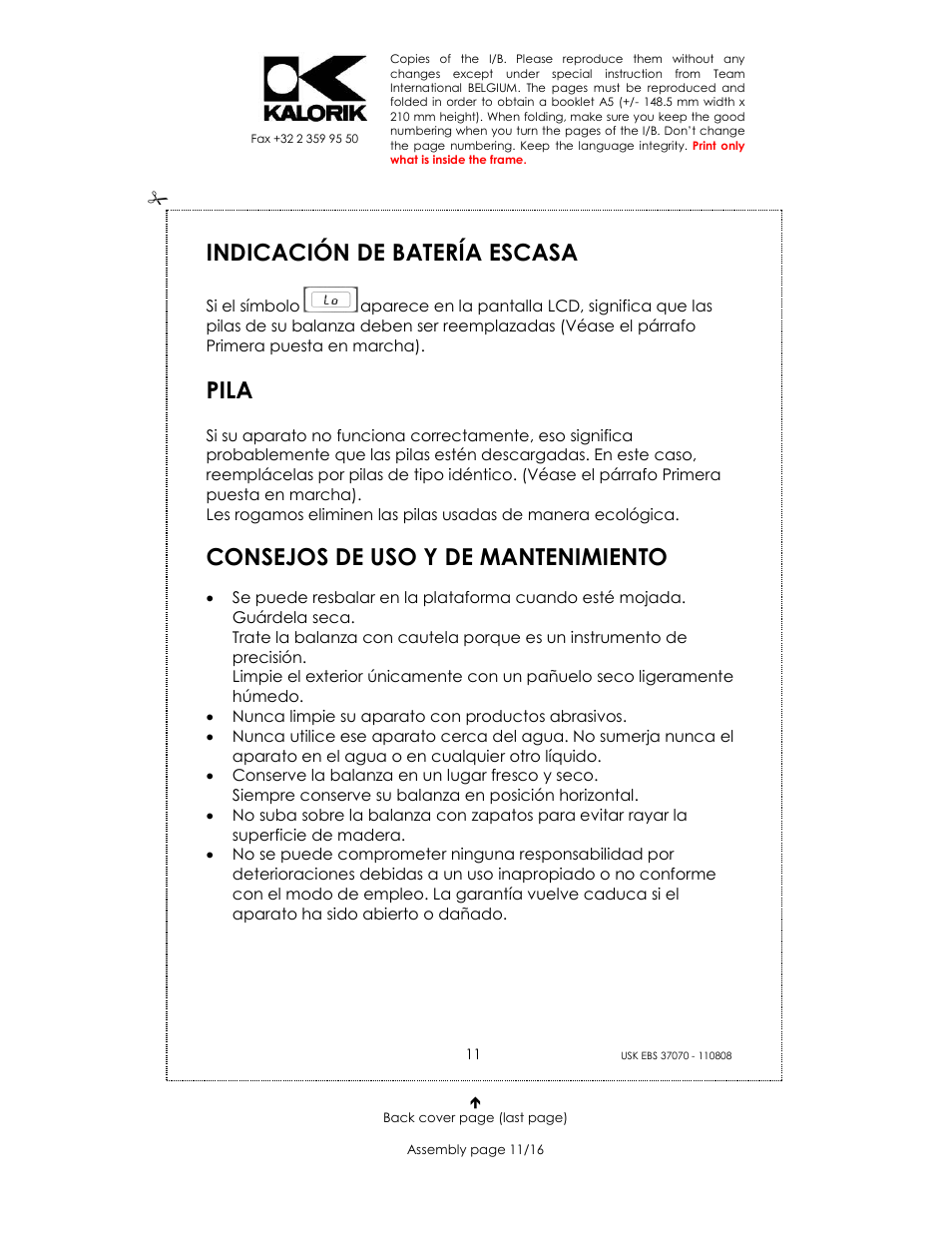 Indicación de batería escasa, Pila, Consejos de uso y de mantenimiento | Kalorik USK EBS 37070 User Manual | Page 11 / 16