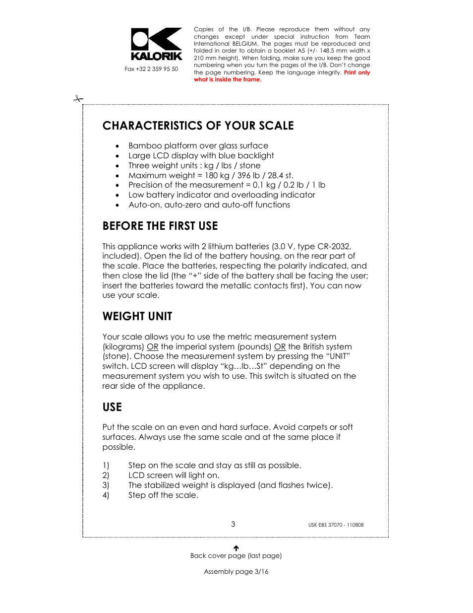 Characteristics of your scale, Before the first use, Weight unit | Kalorik USK EBS 37070 User Manual | Page 3 / 16