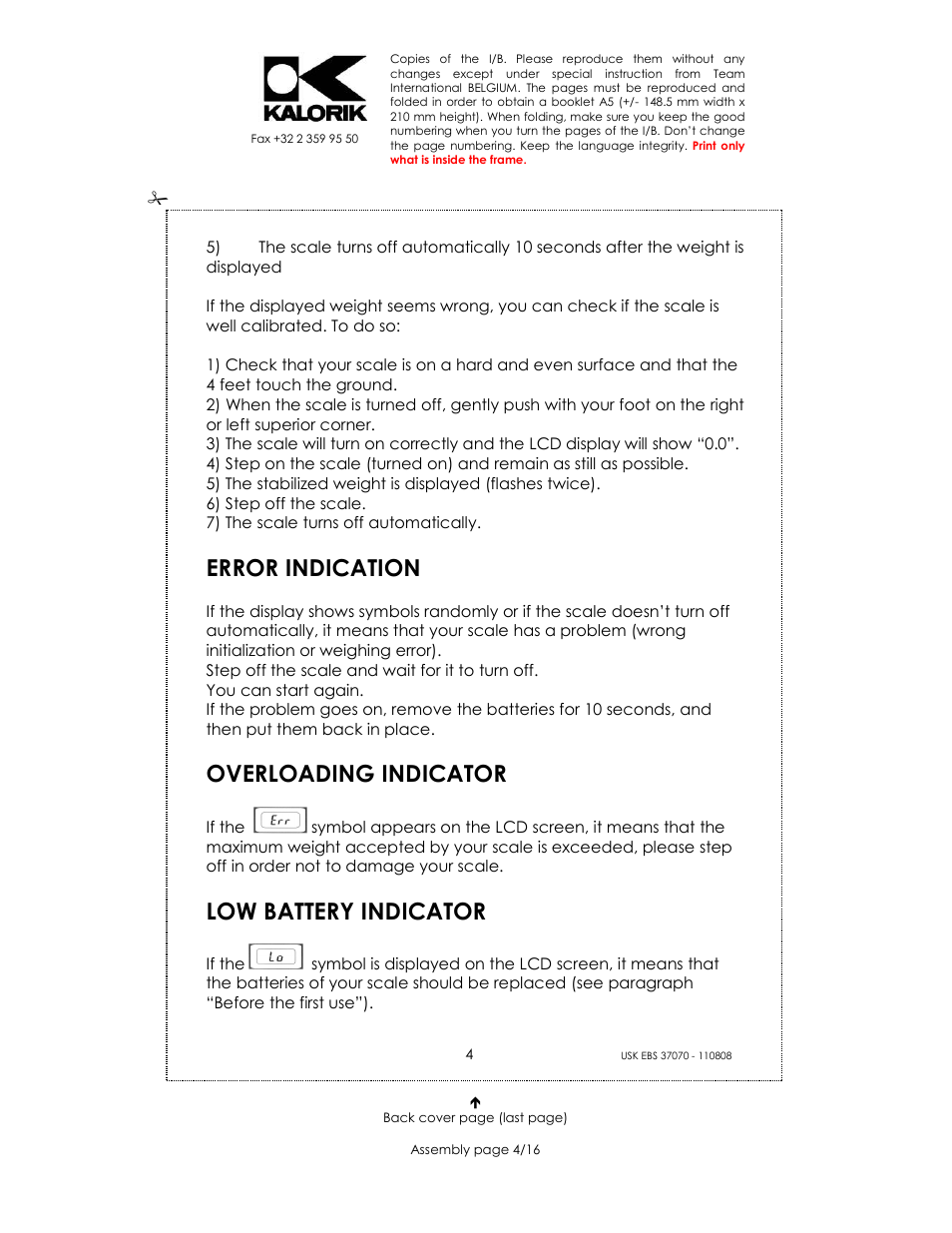 Error indication, Overloading indicator, Low battery indicator | Kalorik USK EBS 37070 User Manual | Page 4 / 16