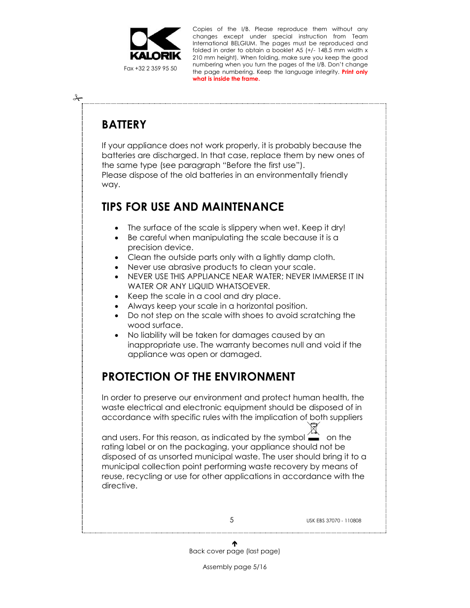 Battery, Tips for use and maintenance, Protection of the environment | Kalorik USK EBS 37070 User Manual | Page 5 / 16