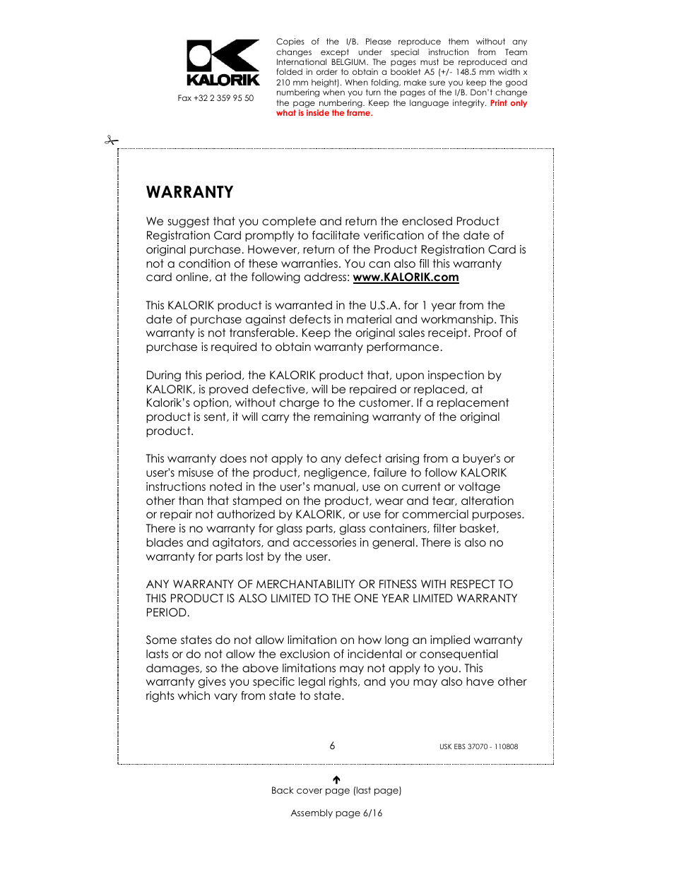 Warranty | Kalorik USK EBS 37070 User Manual | Page 6 / 16