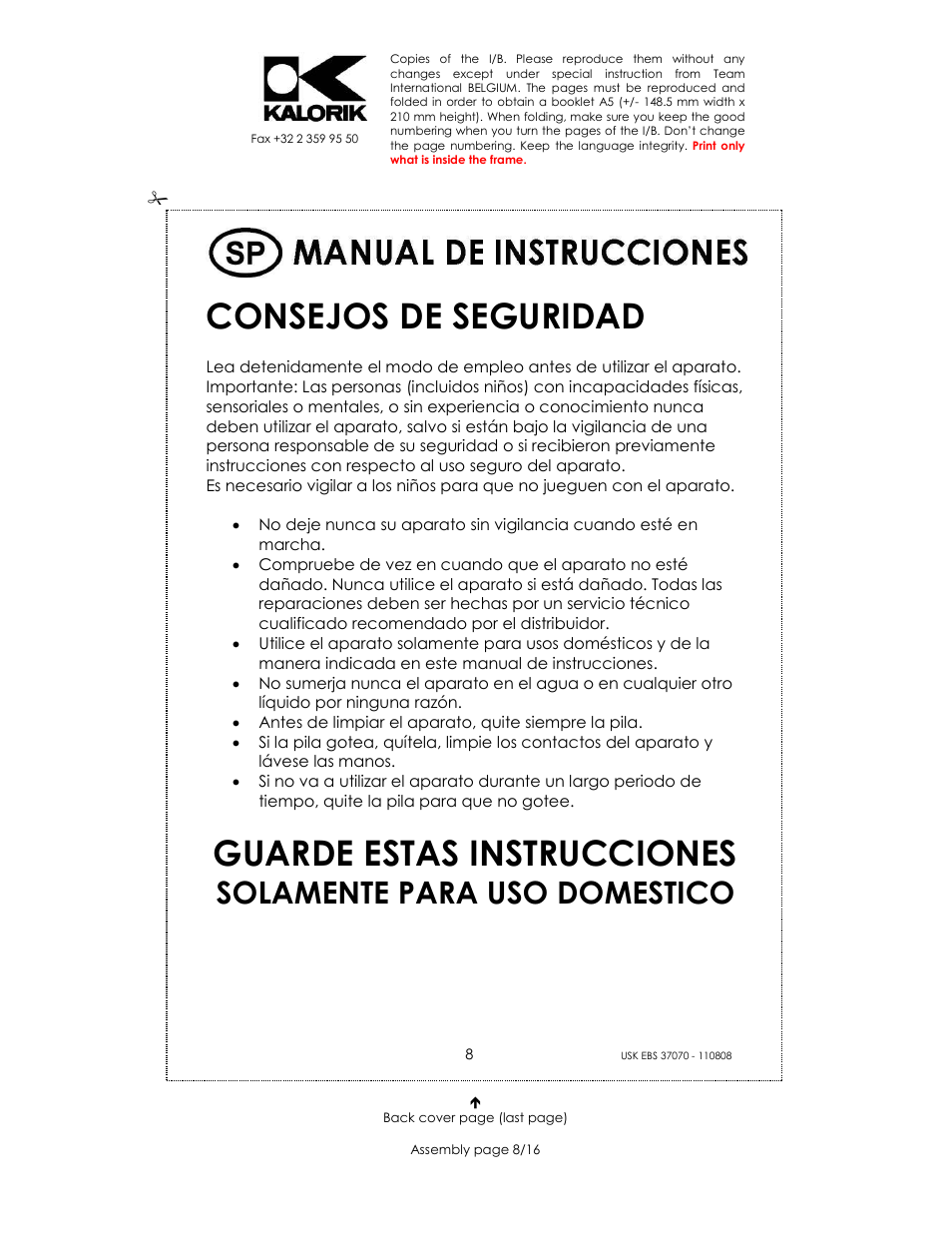 Consejos de seguridad, Guarde estas instrucciones, Solamente para uso domestico | Kalorik USK EBS 37070 User Manual | Page 8 / 16