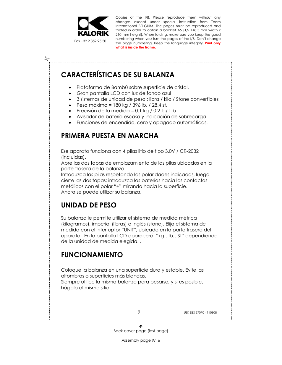 Características de su balanza, Primera puesta en marcha, Unidad de peso | Funcionamiento | Kalorik USK EBS 37070 User Manual | Page 9 / 16