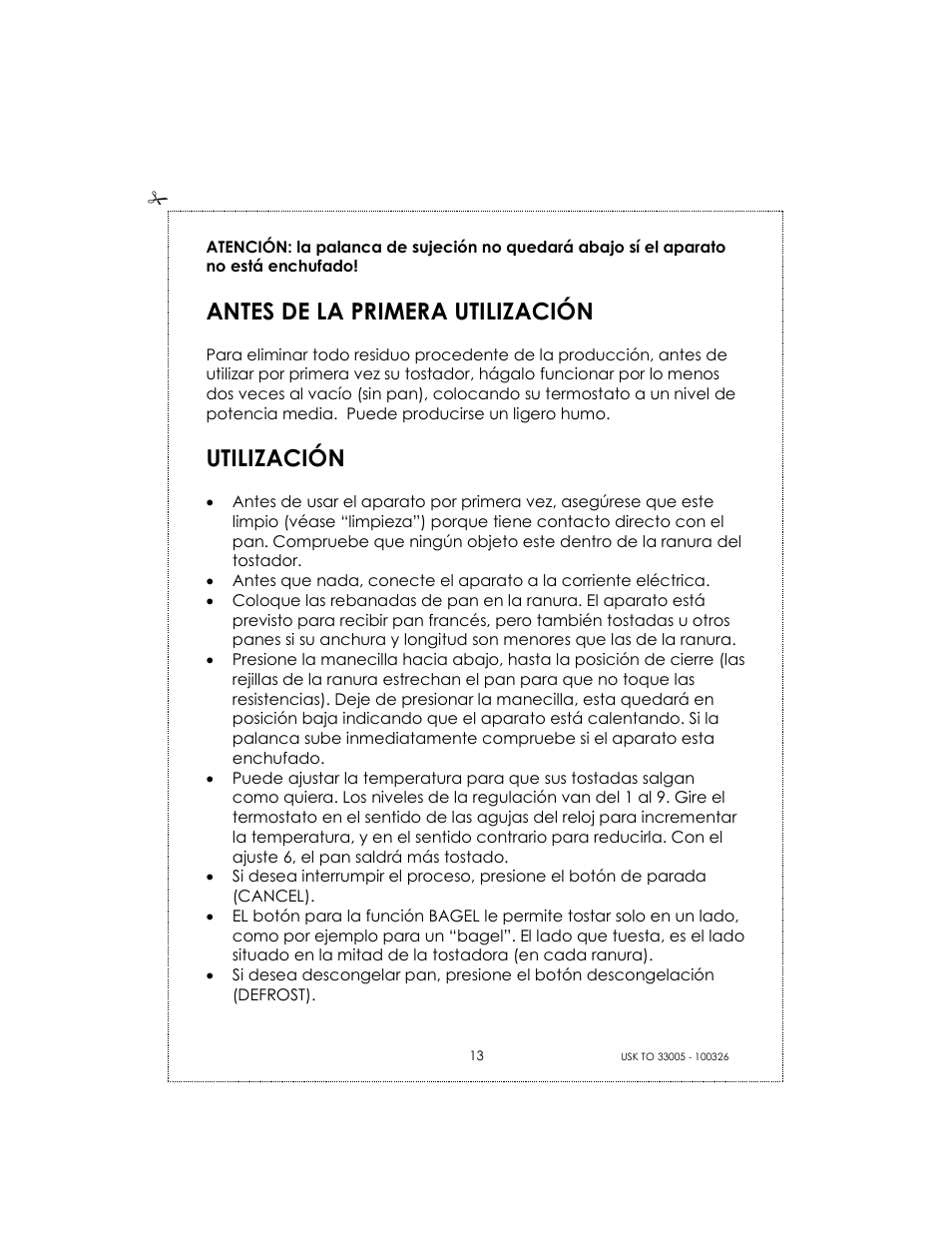 Antes de la primera utilización, Utilización | Kalorik 33005 User Manual | Page 13 / 24