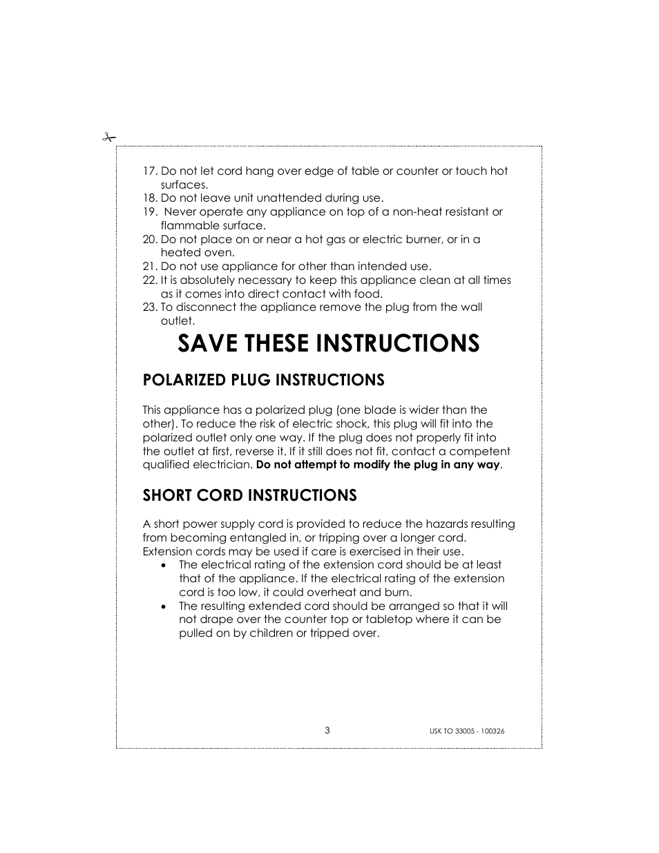 Save these instructions, Polarized plug instructions, Short cord instructions | Kalorik 33005 User Manual | Page 3 / 24