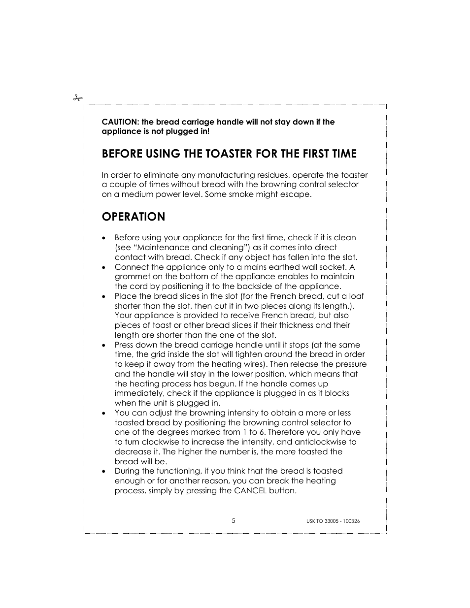 Before using the toaster for the first time, Operation | Kalorik 33005 User Manual | Page 5 / 24