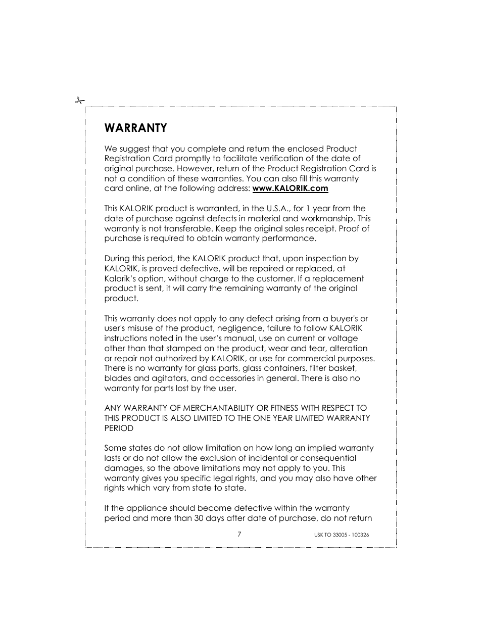Warranty | Kalorik 33005 User Manual | Page 7 / 24