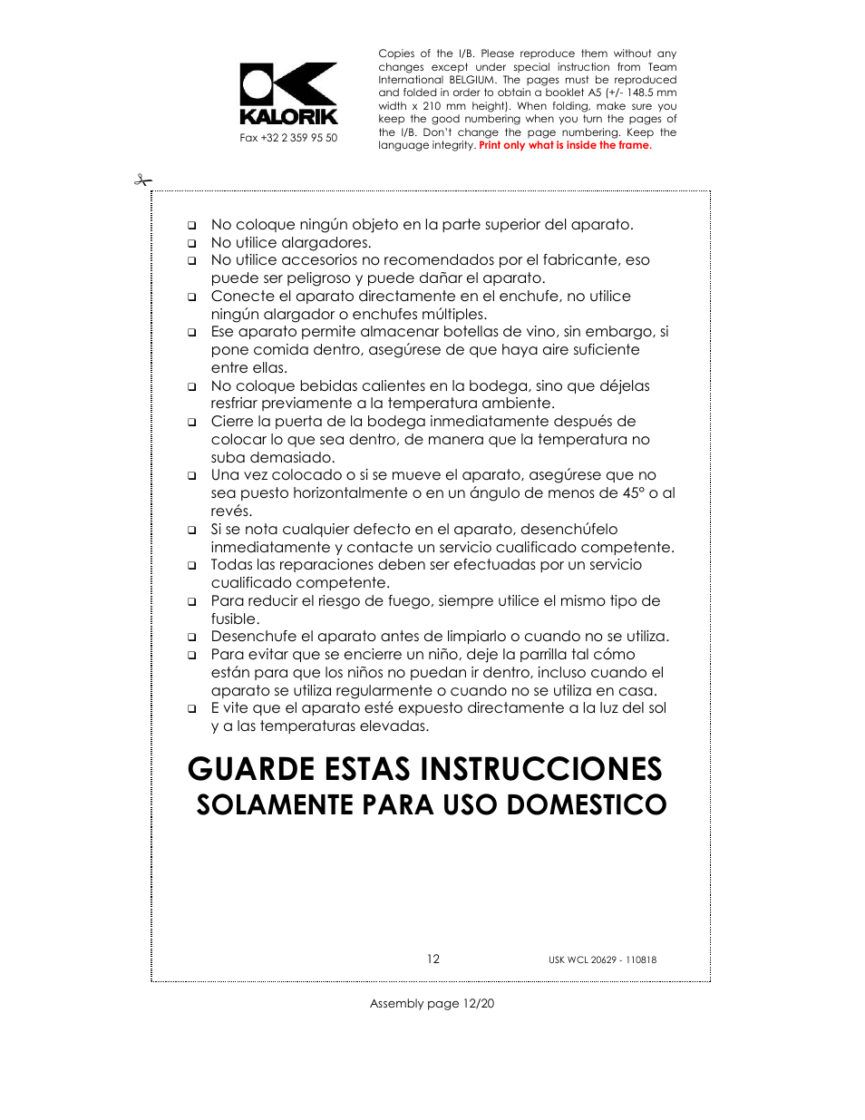 Guarde estas instrucciones, Solamente para uso domestico | Kalorik USK WCL 20629 User Manual | Page 12 / 20