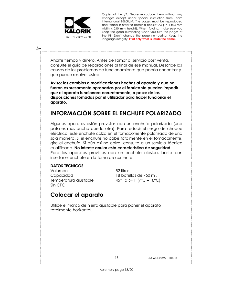 Información sobre el enchufe polarizado, Colocar el aparato | Kalorik USK WCL 20629 User Manual | Page 13 / 20