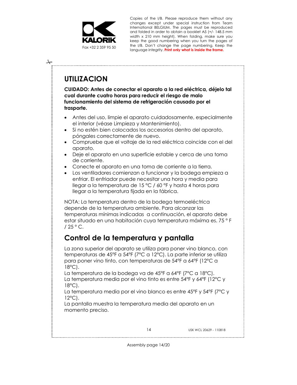 Utilizacion, Control de la temperatura y pantalla | Kalorik USK WCL 20629 User Manual | Page 14 / 20