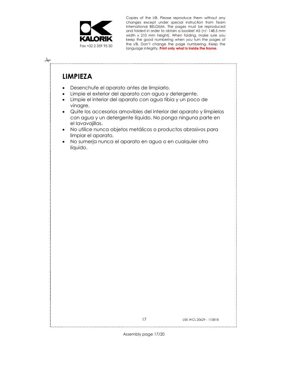 Limpieza | Kalorik USK WCL 20629 User Manual | Page 17 / 20