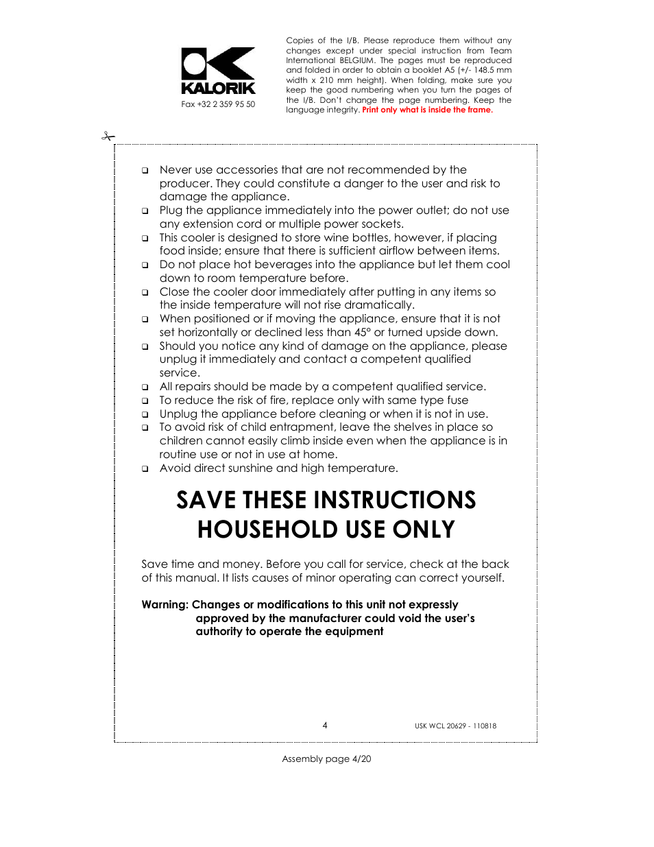 Save these instructions household use only | Kalorik USK WCL 20629 User Manual | Page 4 / 20