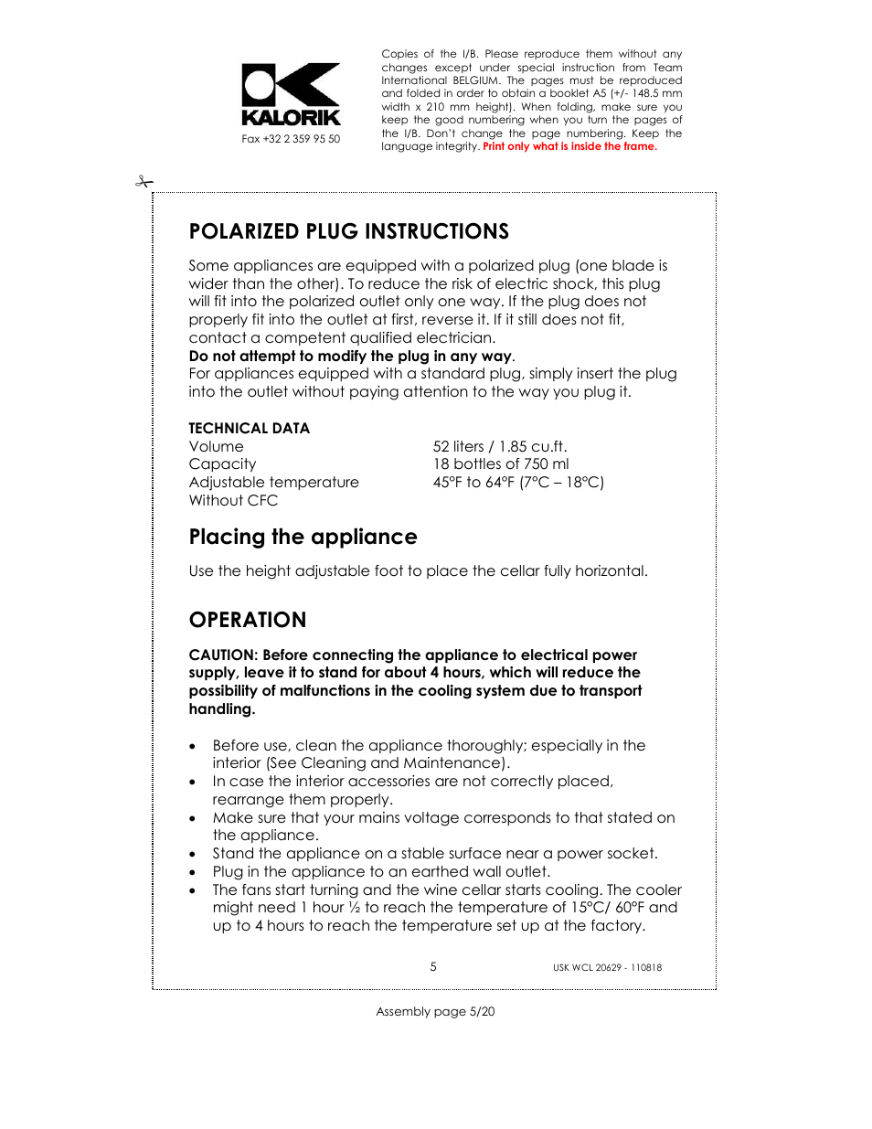 Polarized plug instructions, Placing the appliance, Operation | Kalorik USK WCL 20629 User Manual | Page 5 / 20