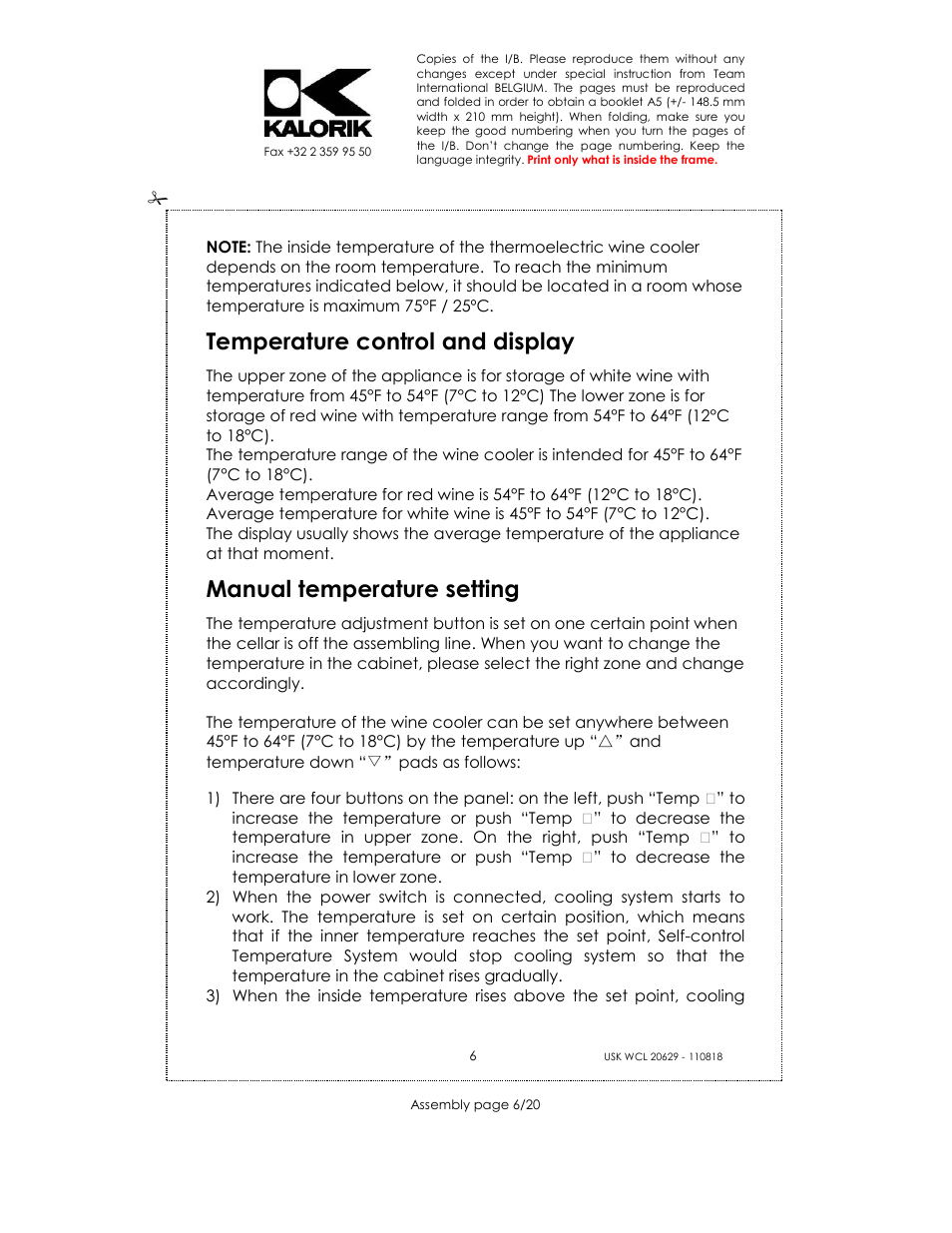 Temperature control and display, Manual temperature setting | Kalorik USK WCL 20629 User Manual | Page 6 / 20