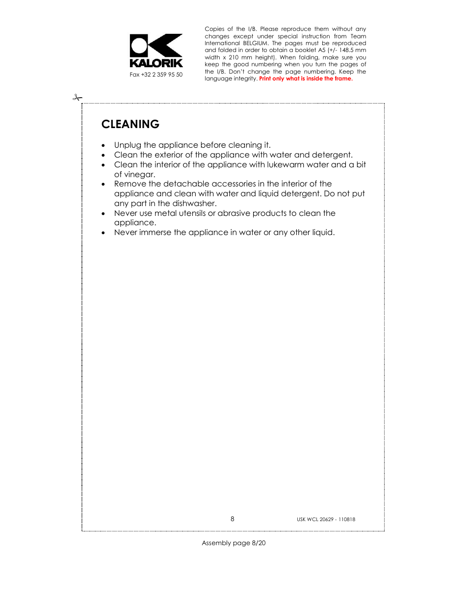 Cleaning | Kalorik USK WCL 20629 User Manual | Page 8 / 20