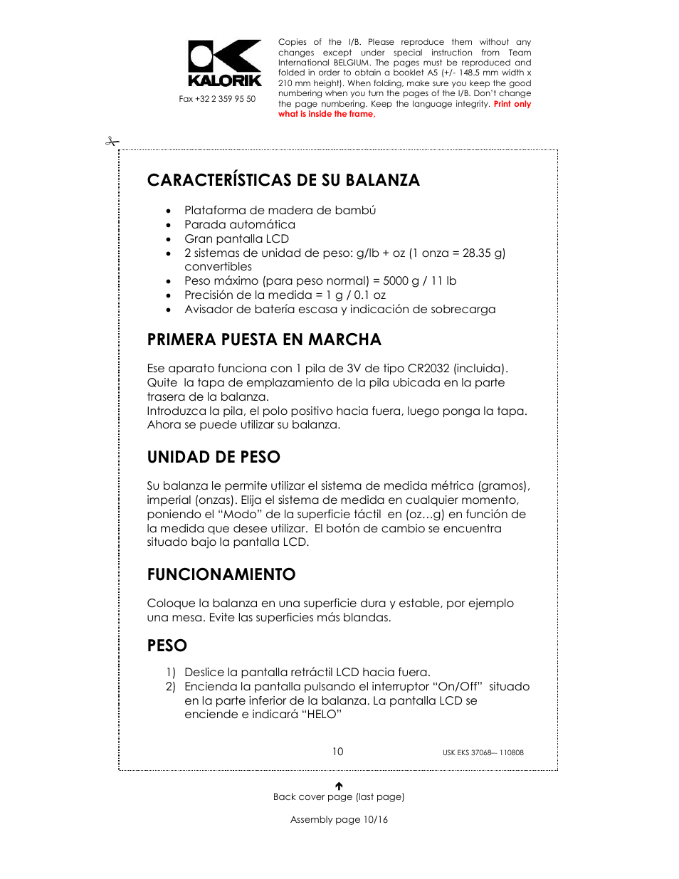 Características de su balanza, Primera puesta en marcha, Unidad de peso | Funcionamiento, Peso | Kalorik USK EKS 37068 User Manual | Page 10 / 16