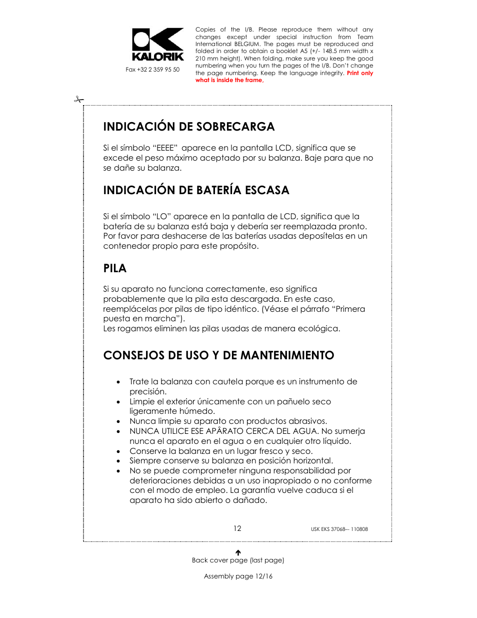 Indicación de sobrecarga, Indicación de batería escasa, Pila | Consejos de uso y de mantenimiento | Kalorik USK EKS 37068 User Manual | Page 12 / 16