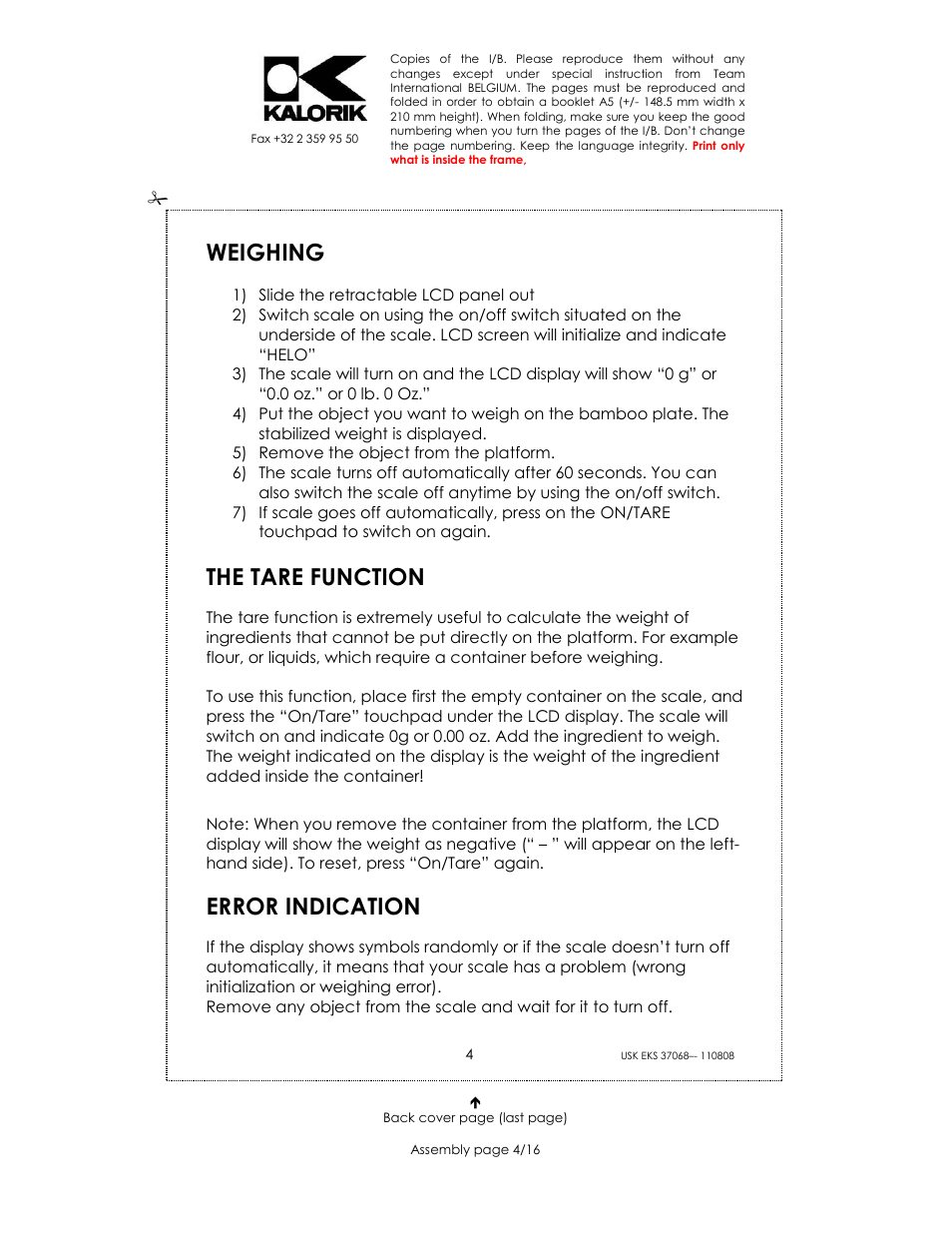 Weighing, The tare function, Error indication | Kalorik USK EKS 37068 User Manual | Page 4 / 16