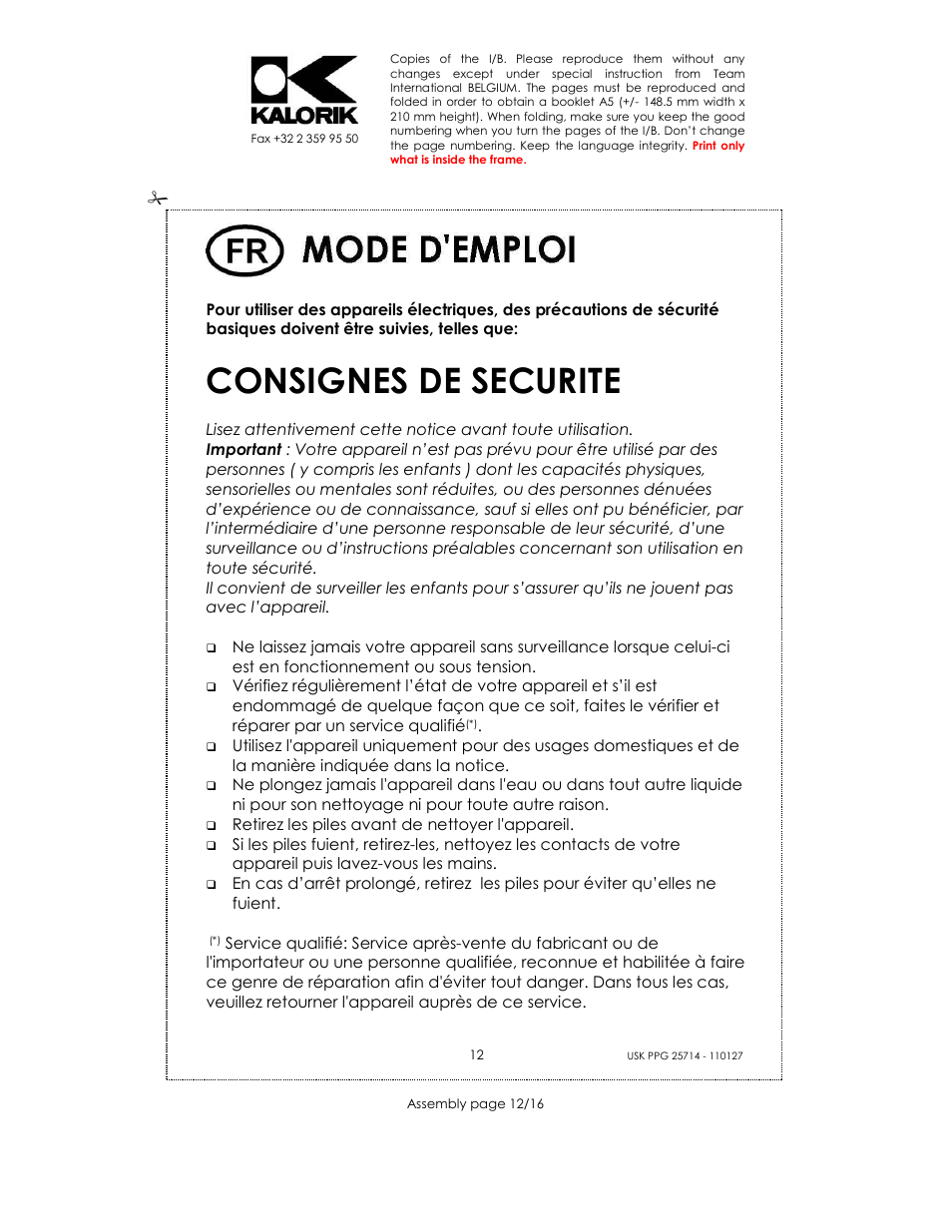Consignes de securite | Kalorik USK PPG 25714 User Manual | Page 12 / 16