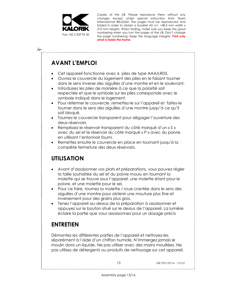 Avant l'emploi, Utilisation, Entretien | Kalorik USK PPG 25714 User Manual | Page 13 / 16