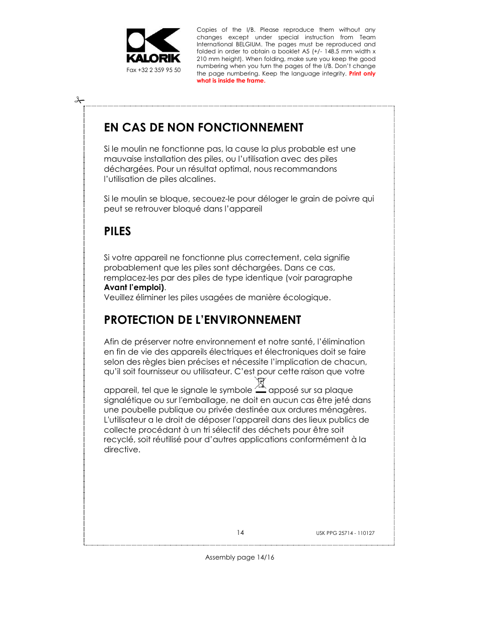 En cas de non fonctionnement, Piles, Protection de l’environnement | Kalorik USK PPG 25714 User Manual | Page 14 / 16