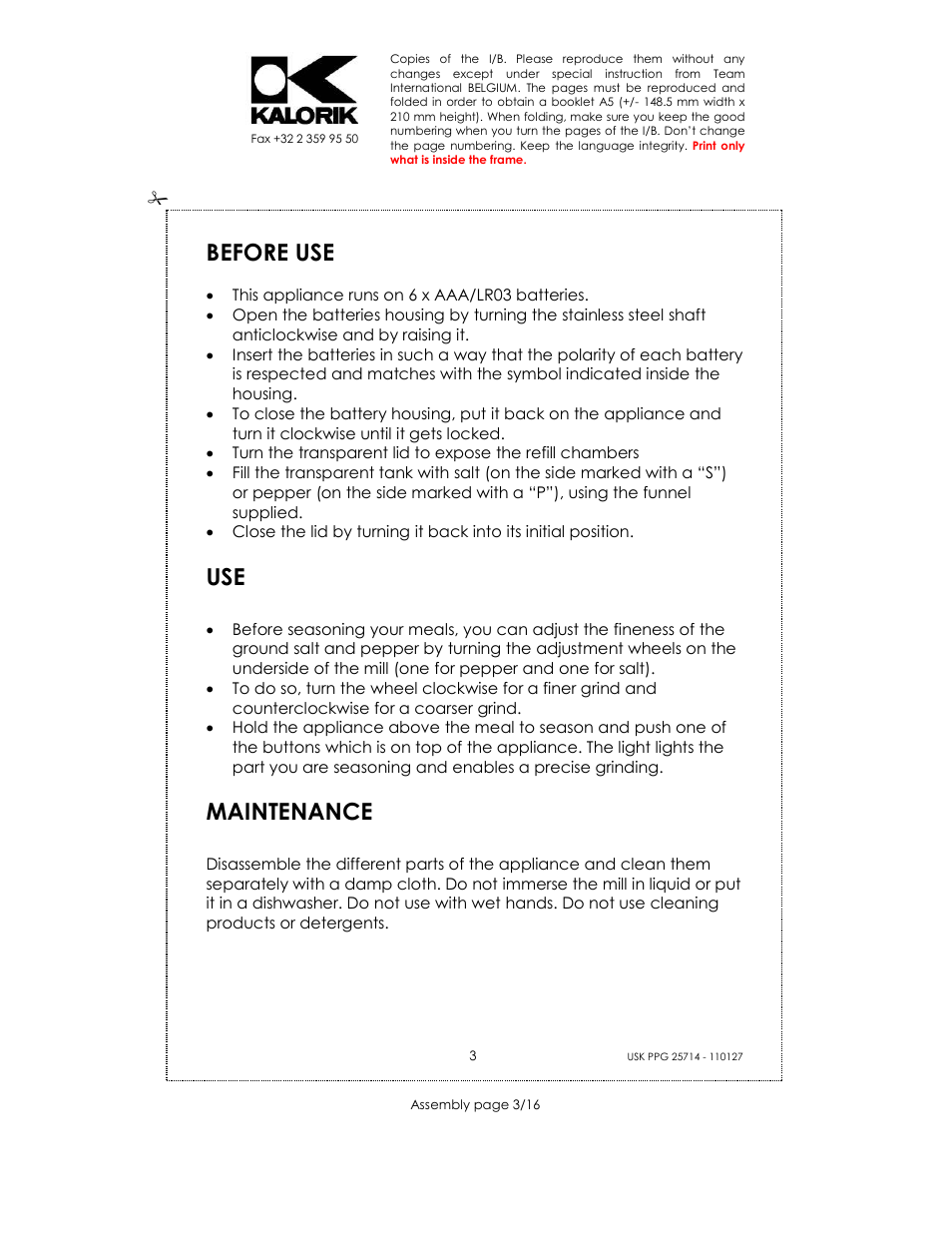 Before use, Maintenance | Kalorik USK PPG 25714 User Manual | Page 3 / 16