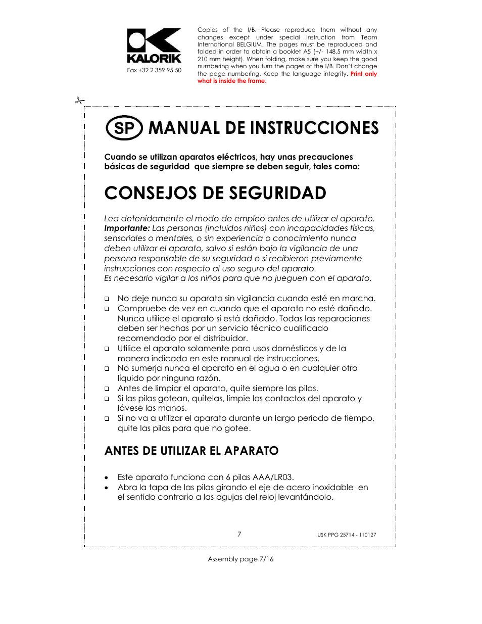 Consejos de seguridad, Antes de utilizar el aparato | Kalorik USK PPG 25714 User Manual | Page 7 / 16