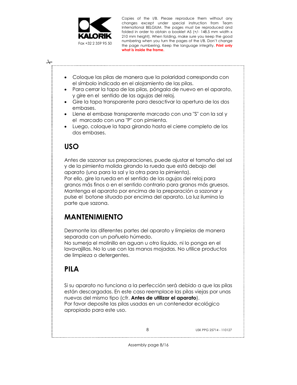 Mantenimiento, Pila | Kalorik USK PPG 25714 User Manual | Page 8 / 16