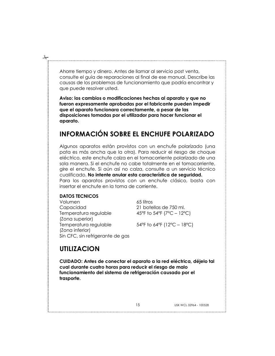 Información sobre el enchufe polarizado, Utilizacion | Kalorik BODEGA USK WCL 32964 User Manual | Page 15 / 24