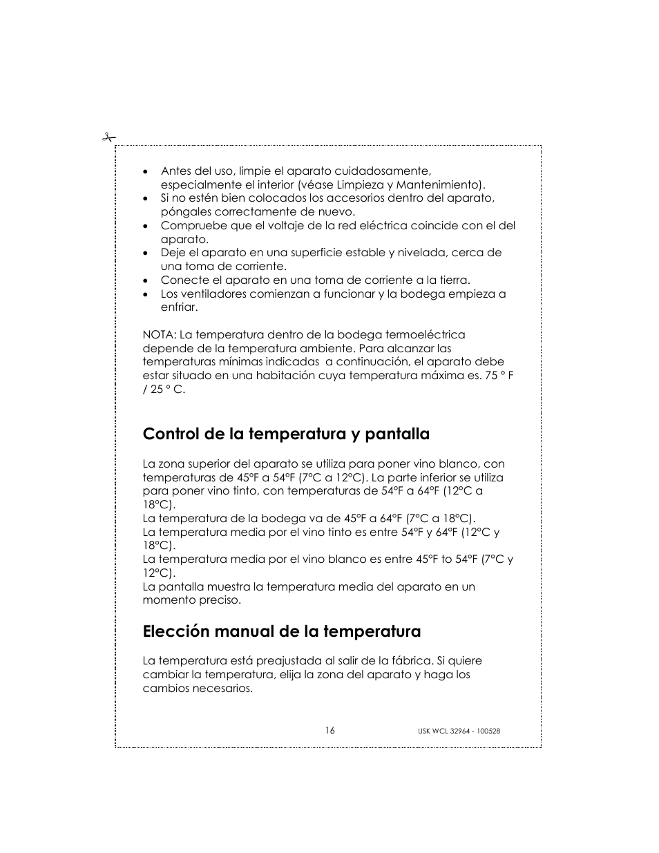 Control de la temperatura y pantalla, Elección manual de la temperatura | Kalorik BODEGA USK WCL 32964 User Manual | Page 16 / 24