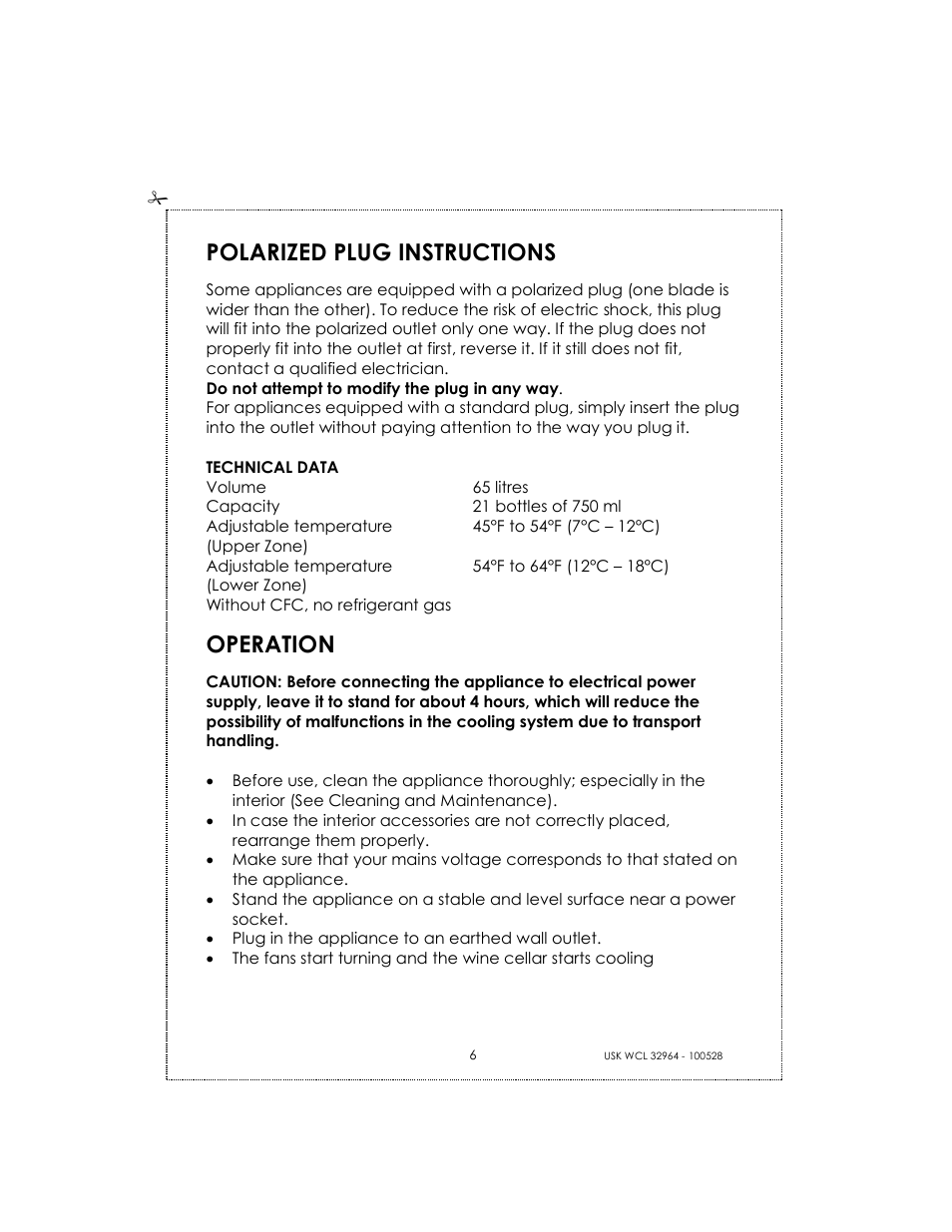 Polarized plug instructions, Operation | Kalorik BODEGA USK WCL 32964 User Manual | Page 6 / 24