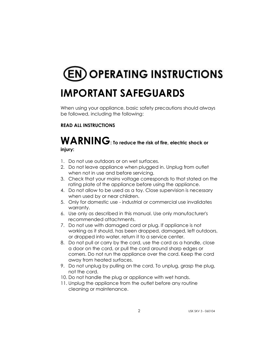 Important safeguards, Warning | Kalorik USK SKV 3 User Manual | Page 2 / 9