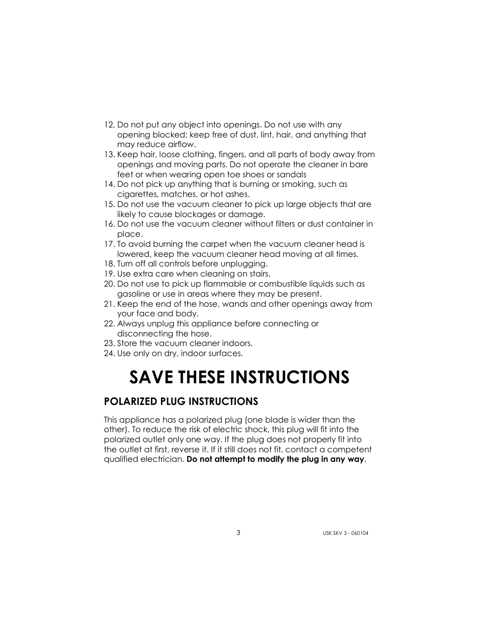 Save these instructions, Polarized plug instructions | Kalorik USK SKV 3 User Manual | Page 3 / 9
