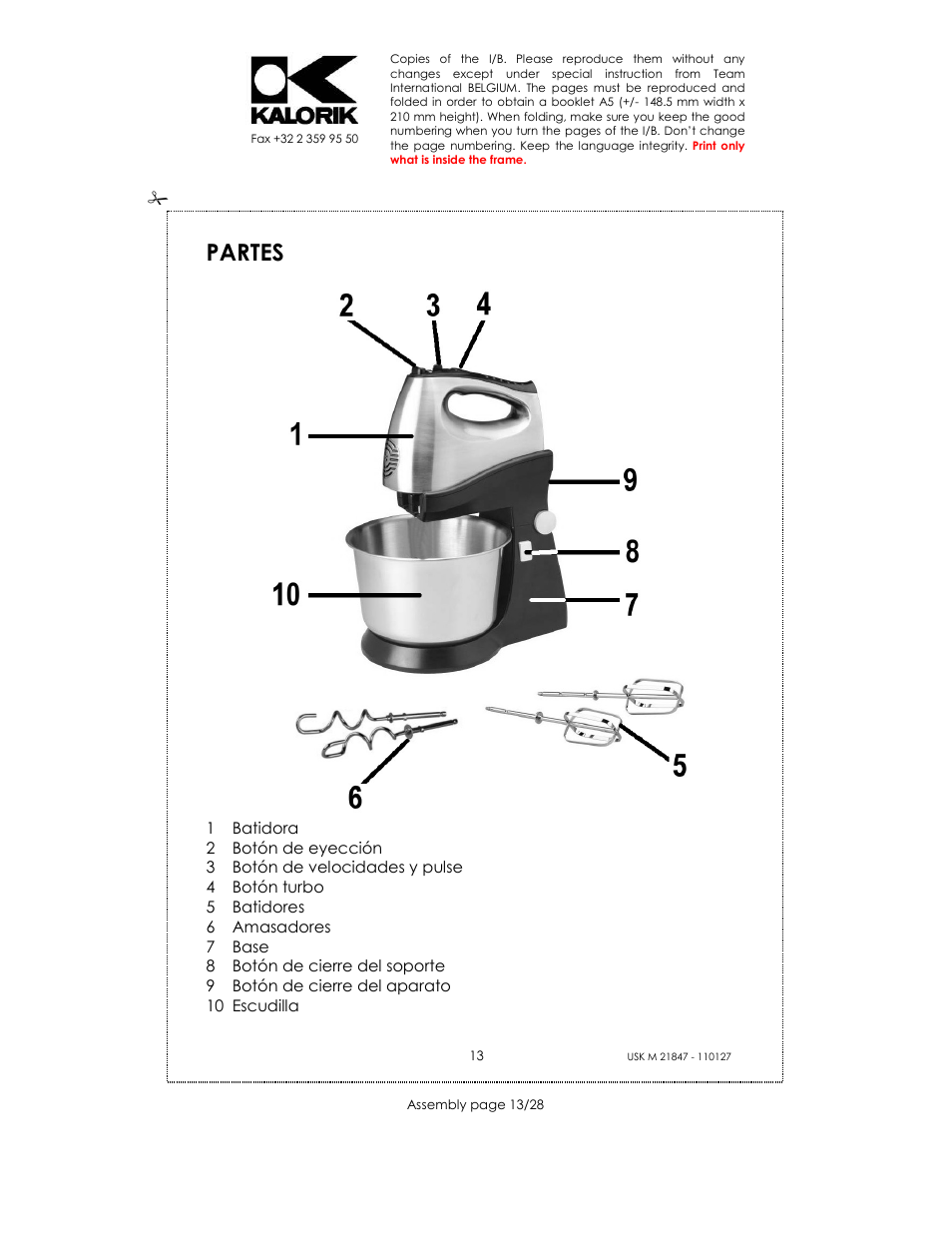 Partes | Kalorik USK M 21847 User Manual | Page 13 / 28