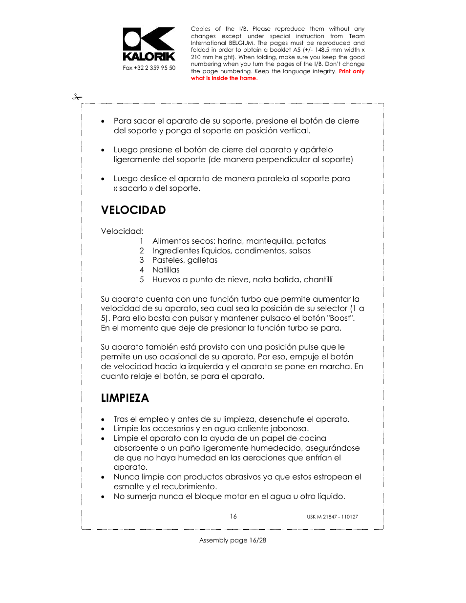 Velocidad, Limpieza | Kalorik USK M 21847 User Manual | Page 16 / 28