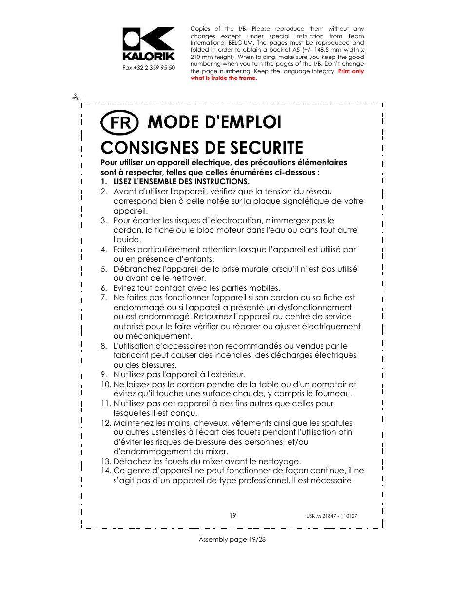 Consignes de securite | Kalorik USK M 21847 User Manual | Page 19 / 28