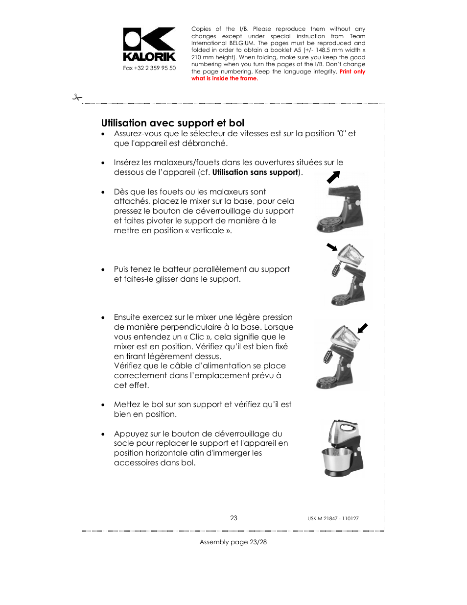 Utilisation avec support et bol | Kalorik USK M 21847 User Manual | Page 23 / 28