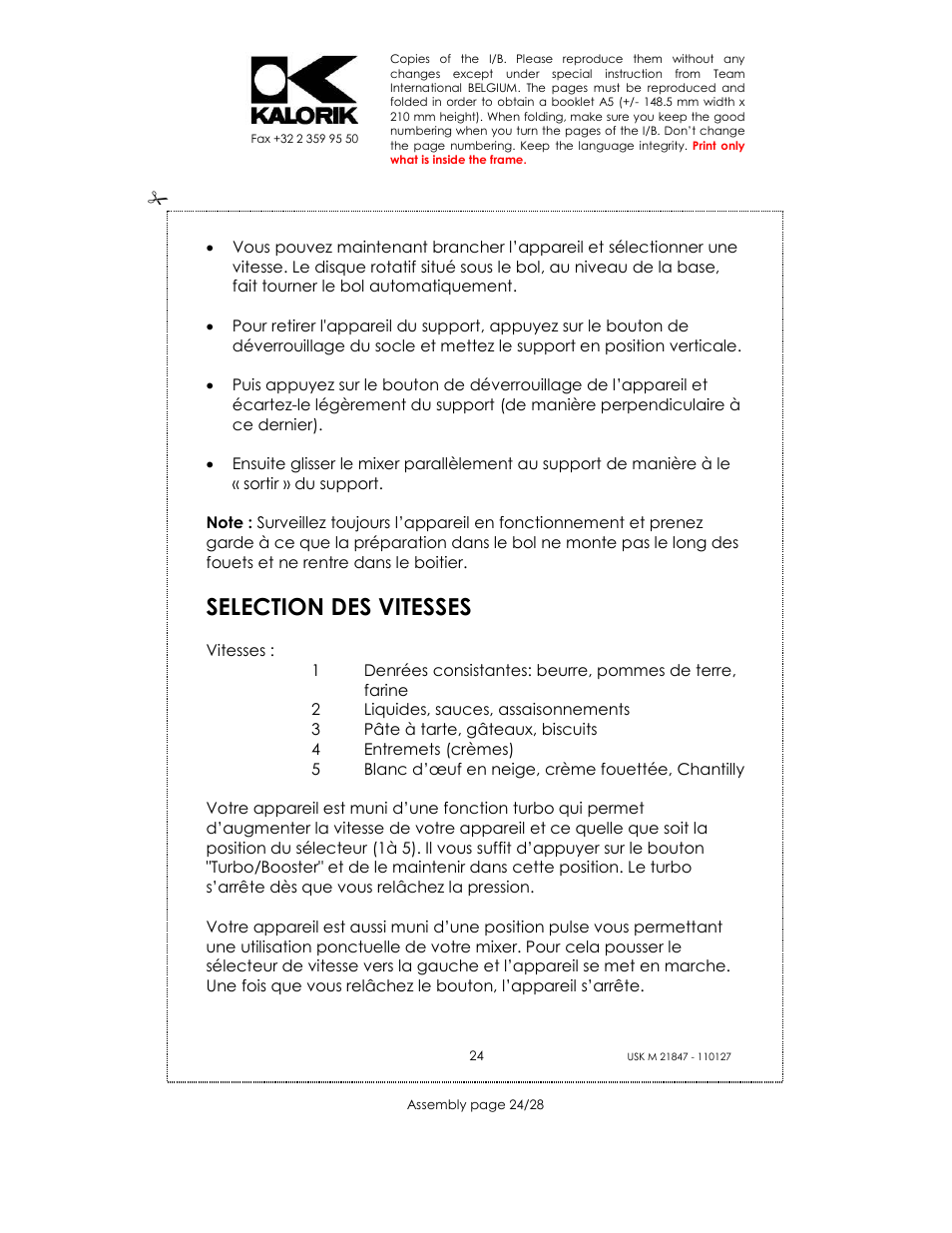 Selection des vitesses | Kalorik USK M 21847 User Manual | Page 24 / 28