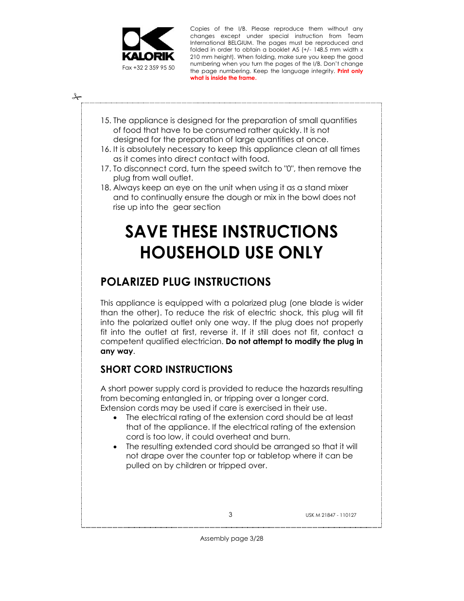 Save these instructions household use only, Polarized plug instructions, Short cord instructions | Kalorik USK M 21847 User Manual | Page 3 / 28